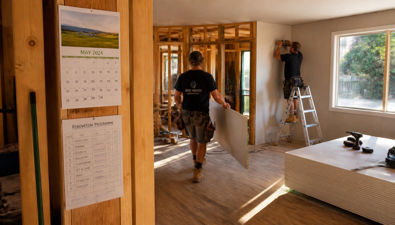 Renovation site schedule and building plans laid out on a table on the Gold Coast