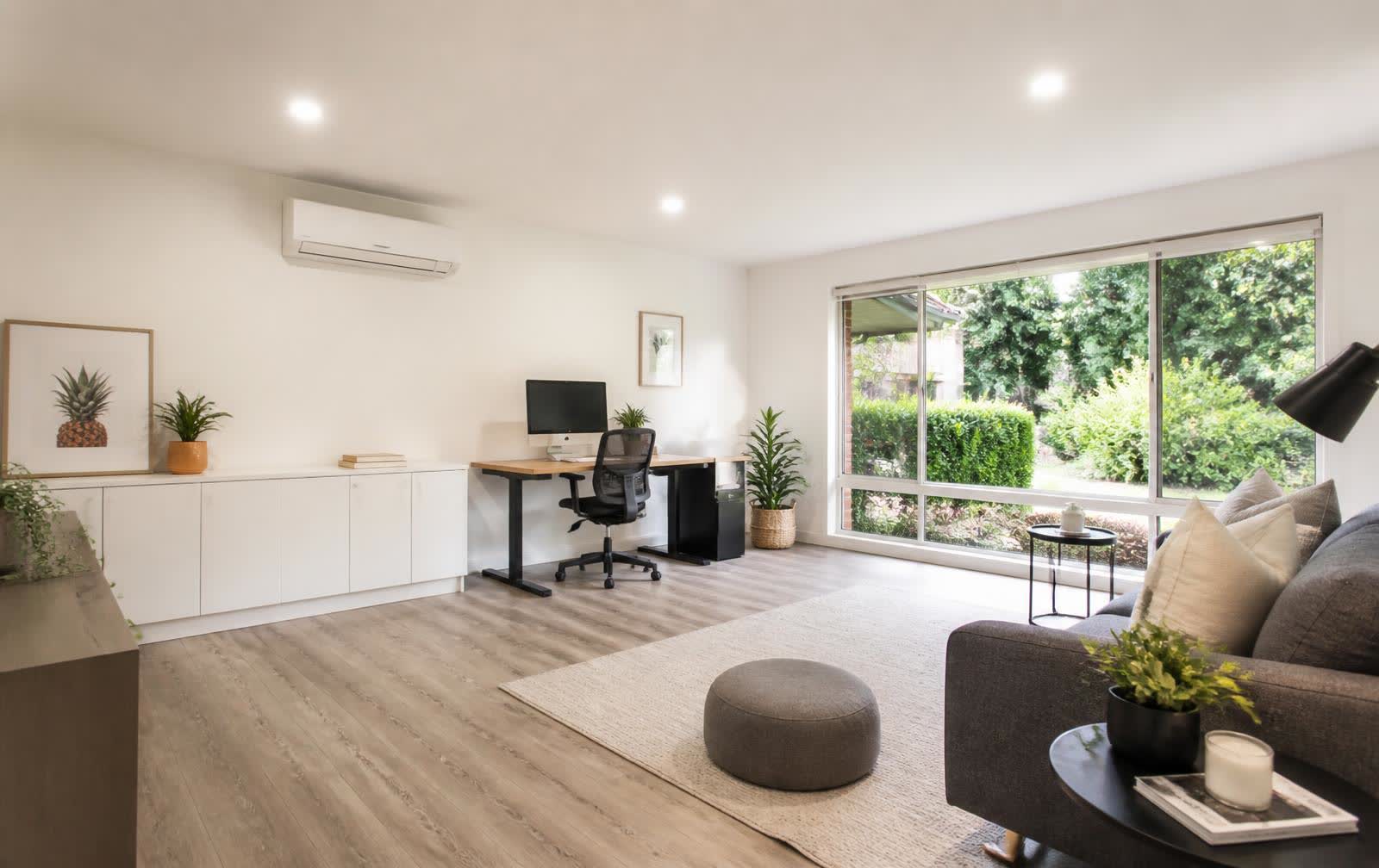 Converted garage used as a bright home office and living space