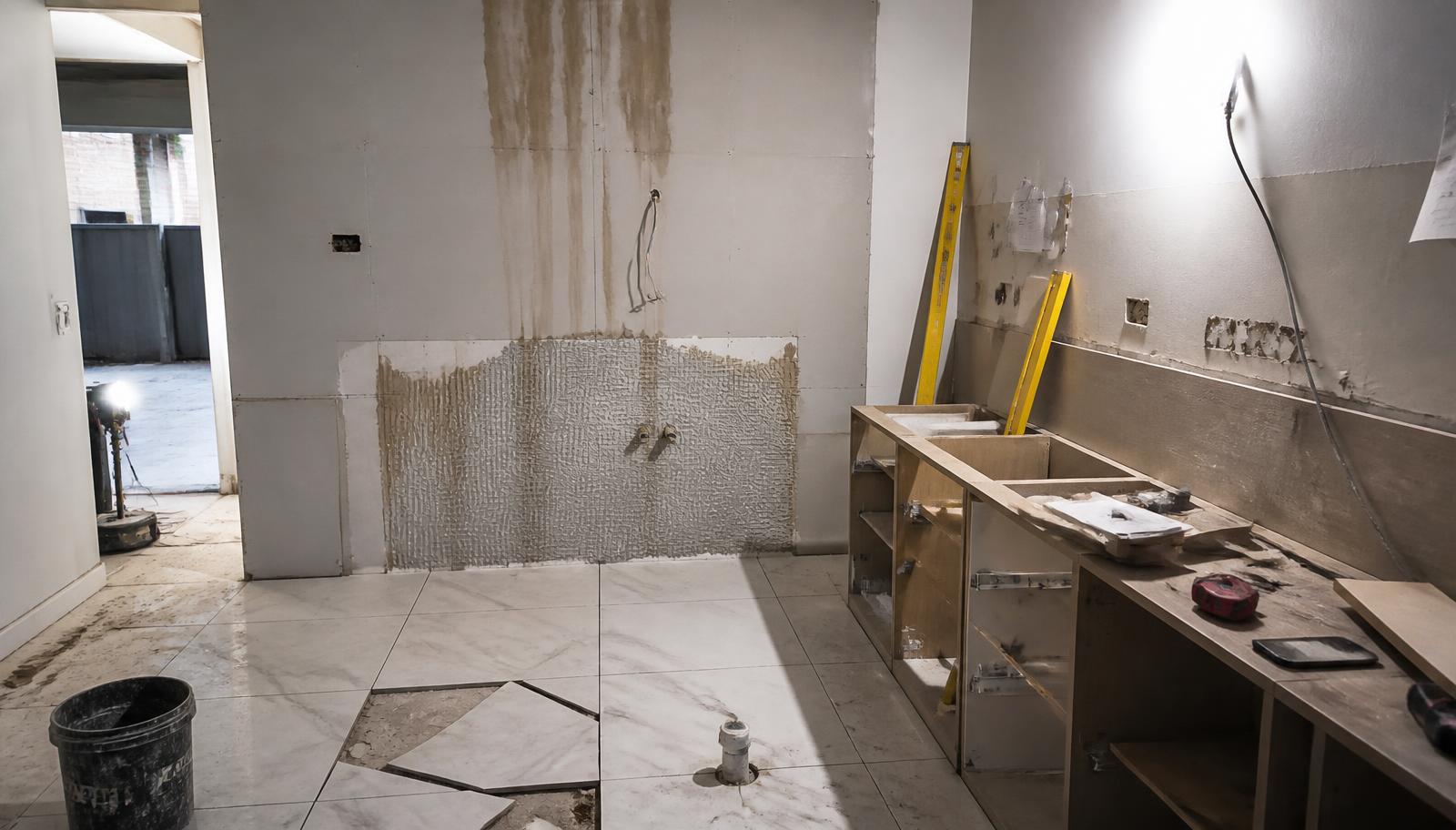 Renovation contract and cost planning documents on site table with tools
