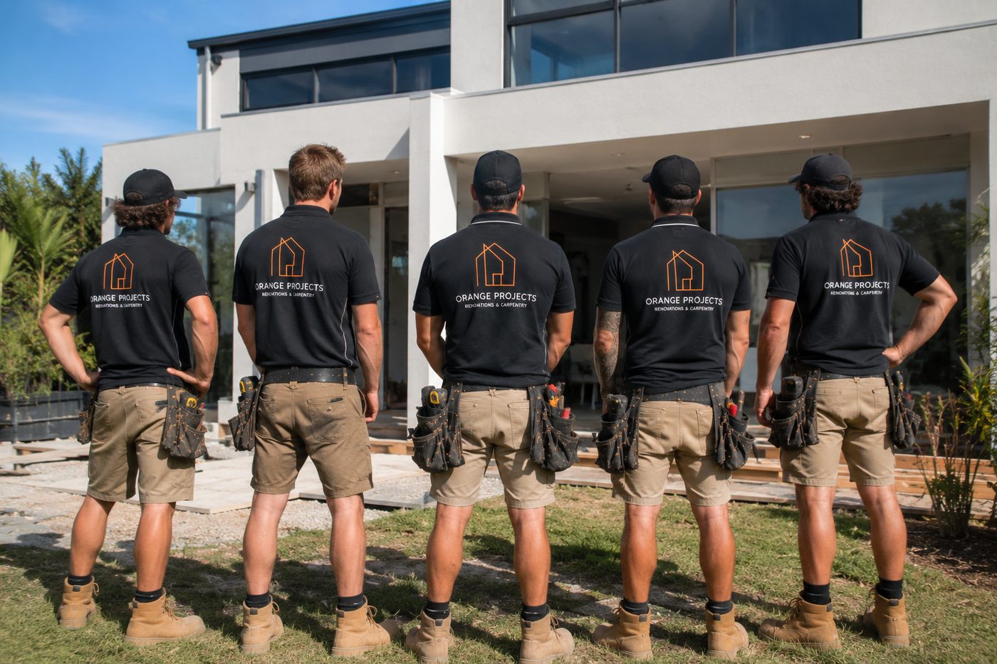 Orange Projects team wearing branded shirts with the company logo