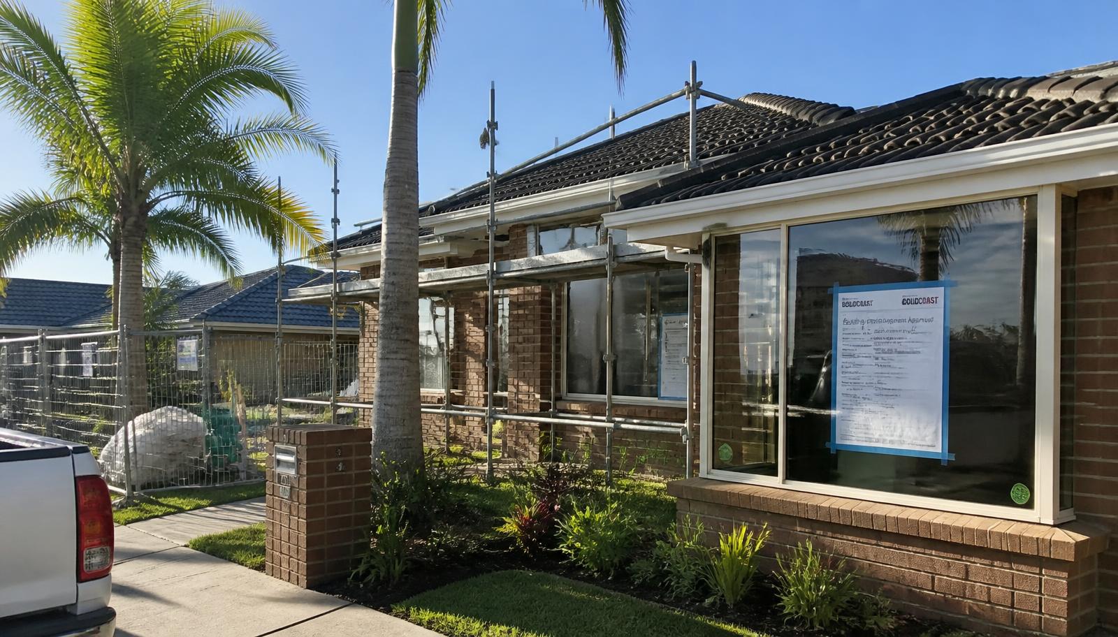 Gold Coast canal-front home with a deck extension under construction, illustrating council approval considerations
