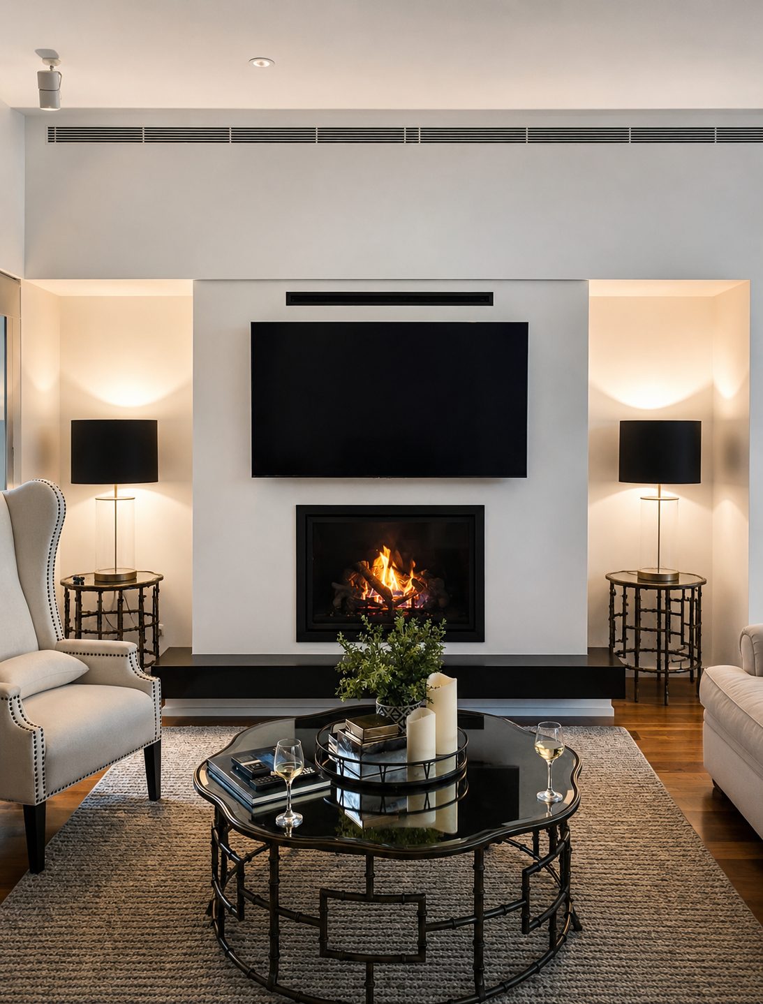Elegant living room with fireplace and built-in entertainment unit