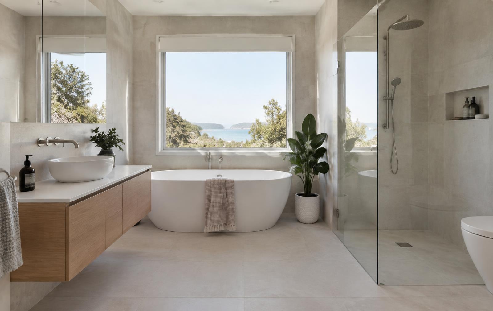 Renovated coastal bathroom with floating vanity, freestanding bath and frameless shower