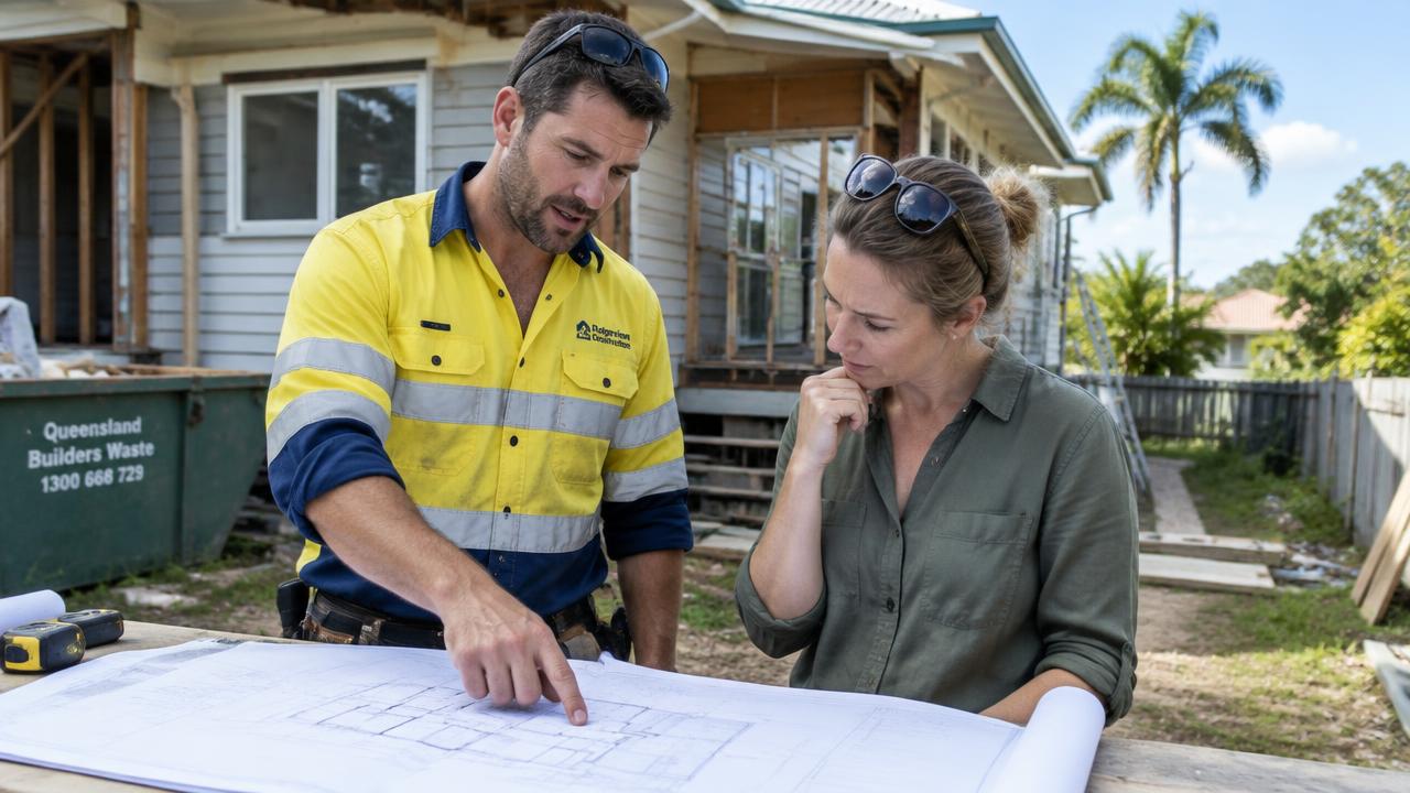 Builder reviewing a renovation contract with a homeowner on the Gold Coast