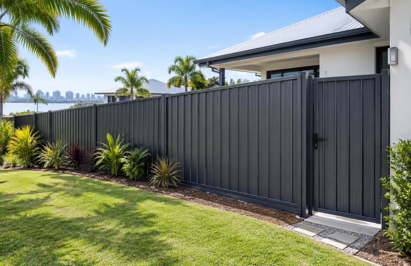 Colorbond boundary fence and matching gate at a Gold Coast home