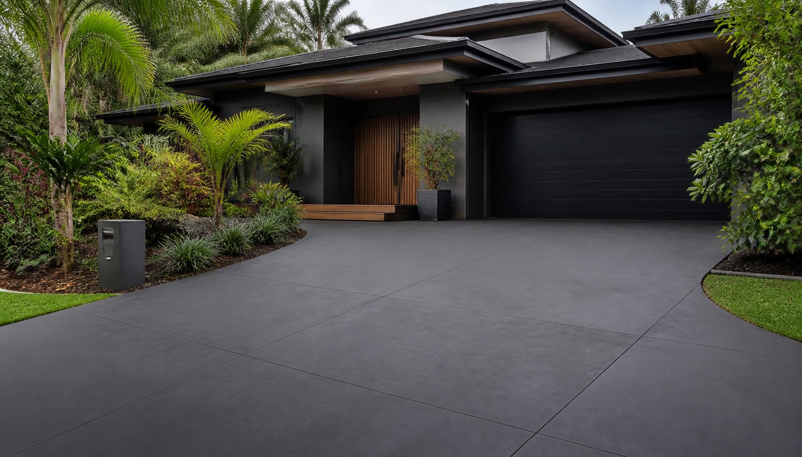 Coloured concrete driveway complementing a dark modern facade