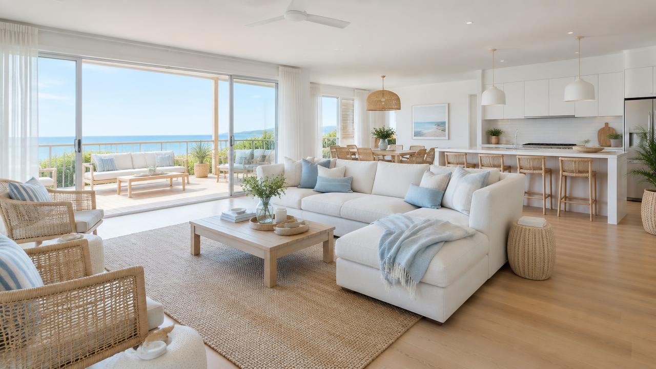 Open plan Gold Coast living area with sliding doors and new flooring leading to an outdoor deck