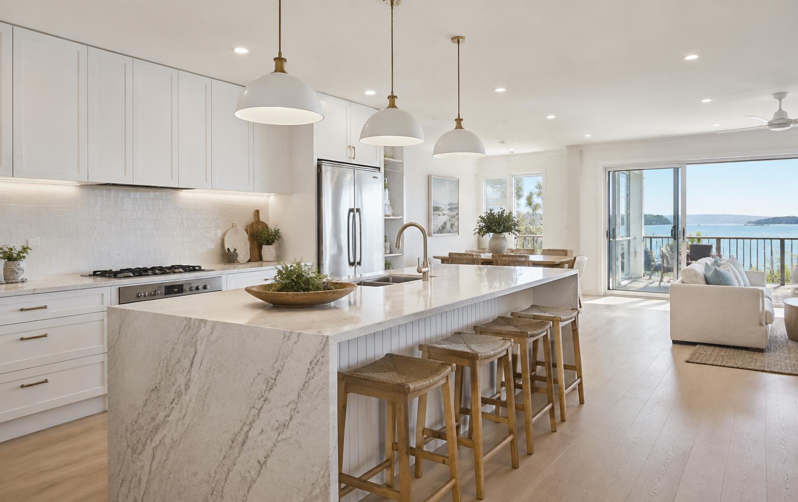 Renovated open plan kitchen with stone island bench and pendant lighting