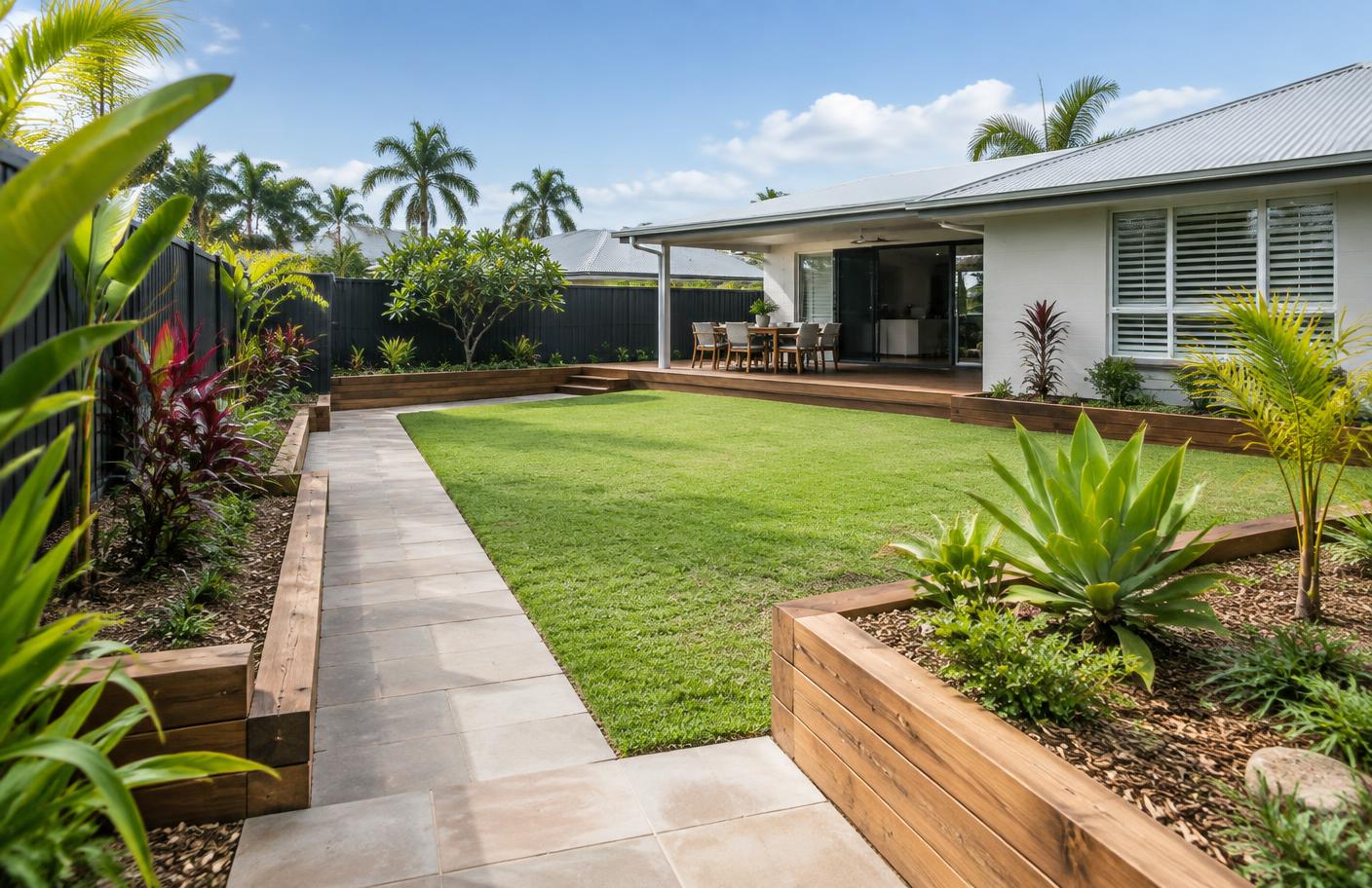 Residential landscape construction with paving and raised garden beds
