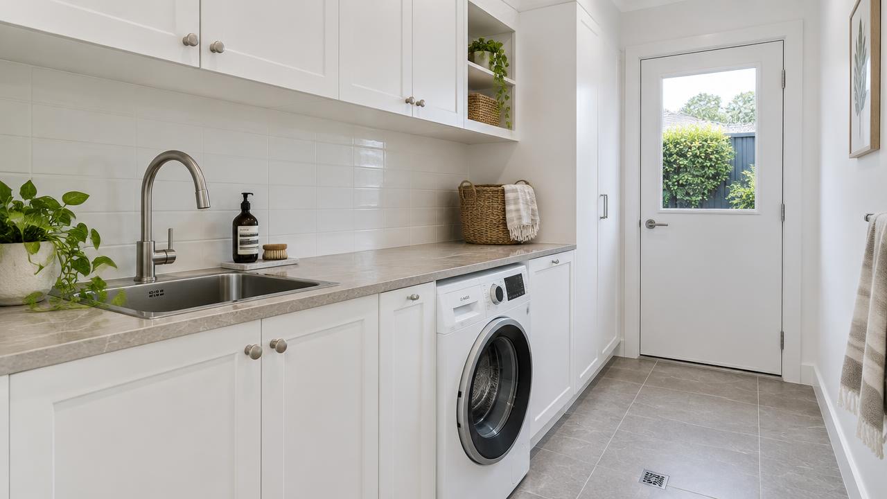 Renovated Gold Coast laundry with custom cabinetry and stone benchtop