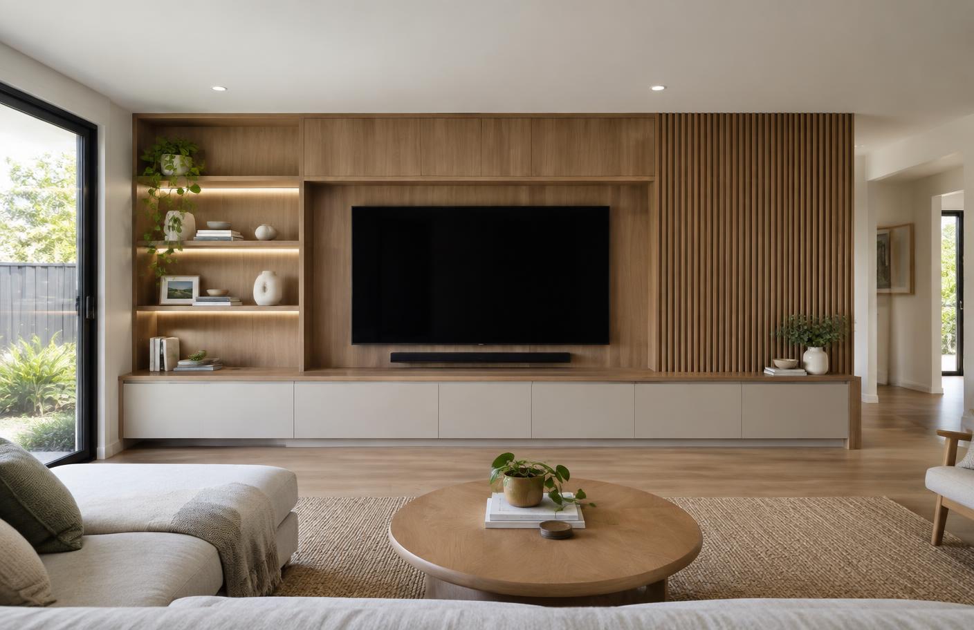 Custom built-in media wall with television recess and cabinetry