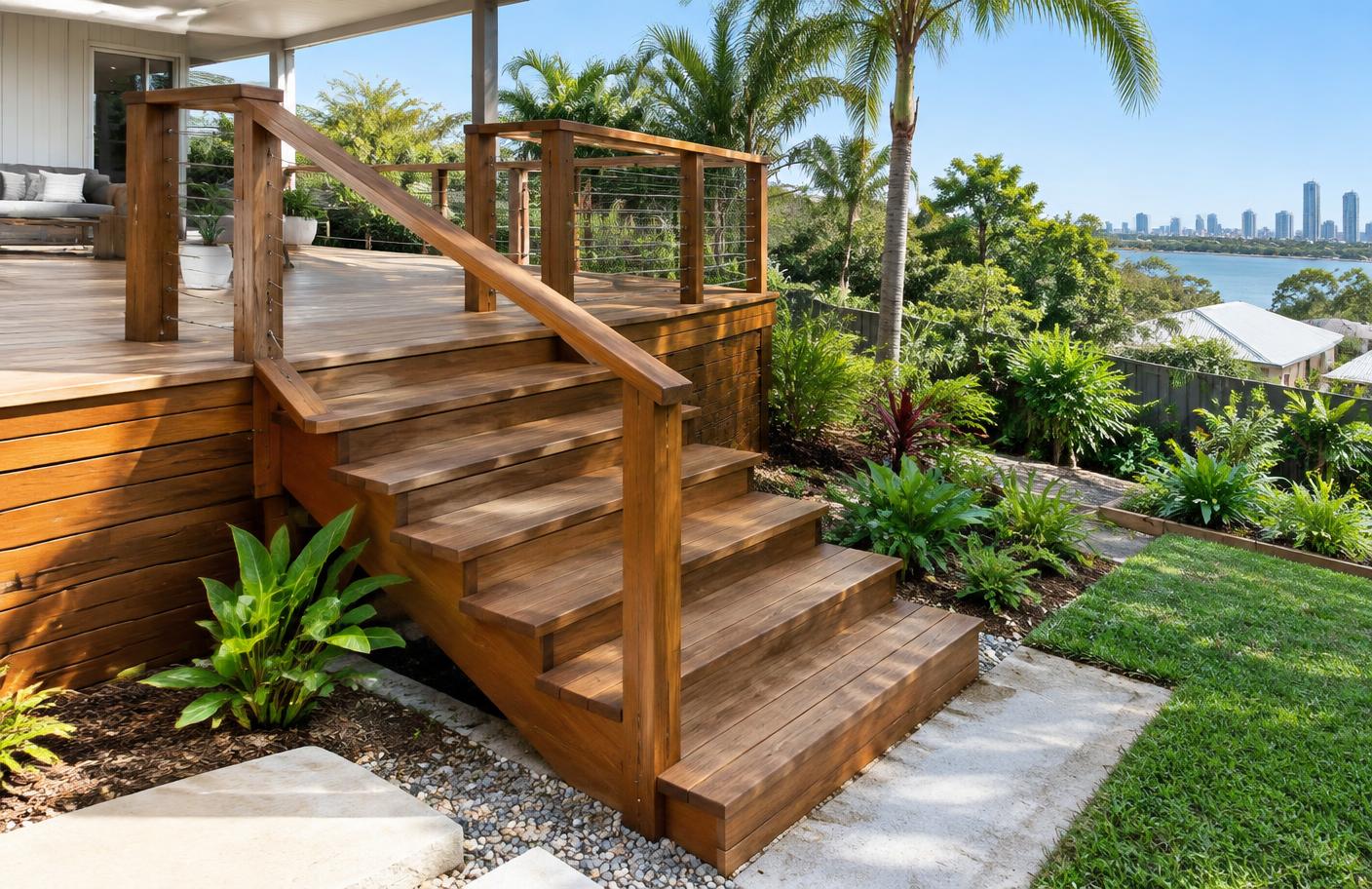 Hardwood outdoor stairs connecting a deck and garden