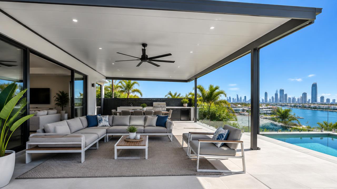 Gable roof patio attached to a Gold Coast home overlooking the backyard