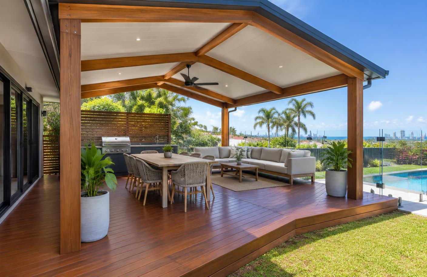 Roofed timber pergola over a Gold Coast outdoor entertaining area