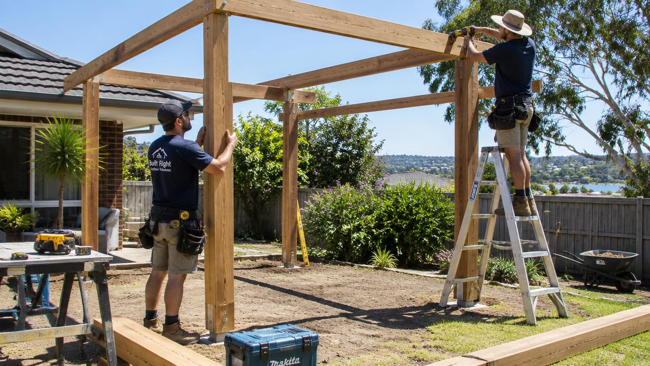 Carpenter installing a timber pergola frame on a Gold Coast home