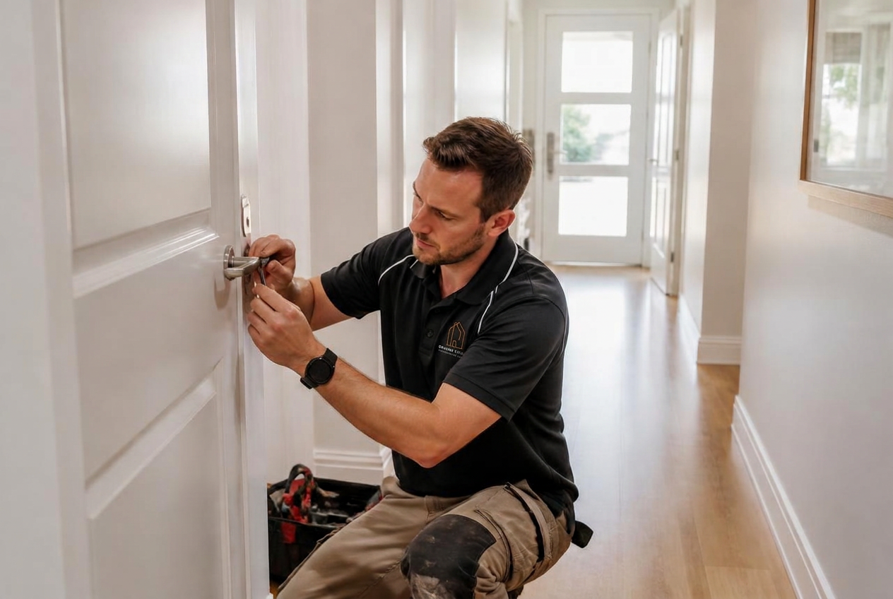 Tradesperson repairing an internal door handle in a managed rental property