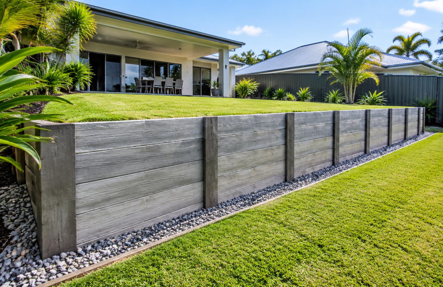 Concrete sleeper retaining wall in a landscaped Gold Coast backyard