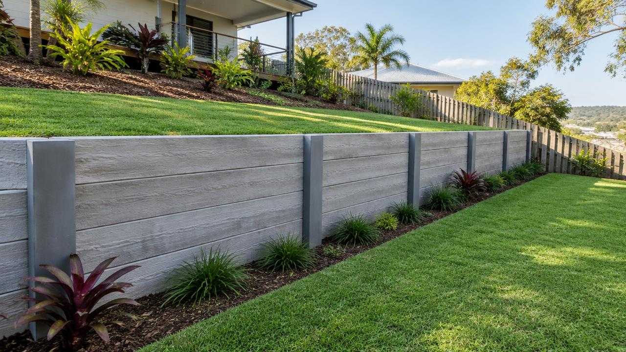 Timber sleeper retaining wall on a sloping Gold Coast property