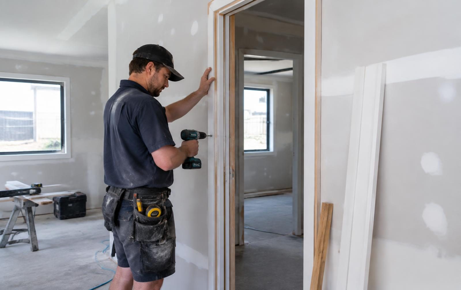 Carpenter fitting an internal door jamb during fix-out