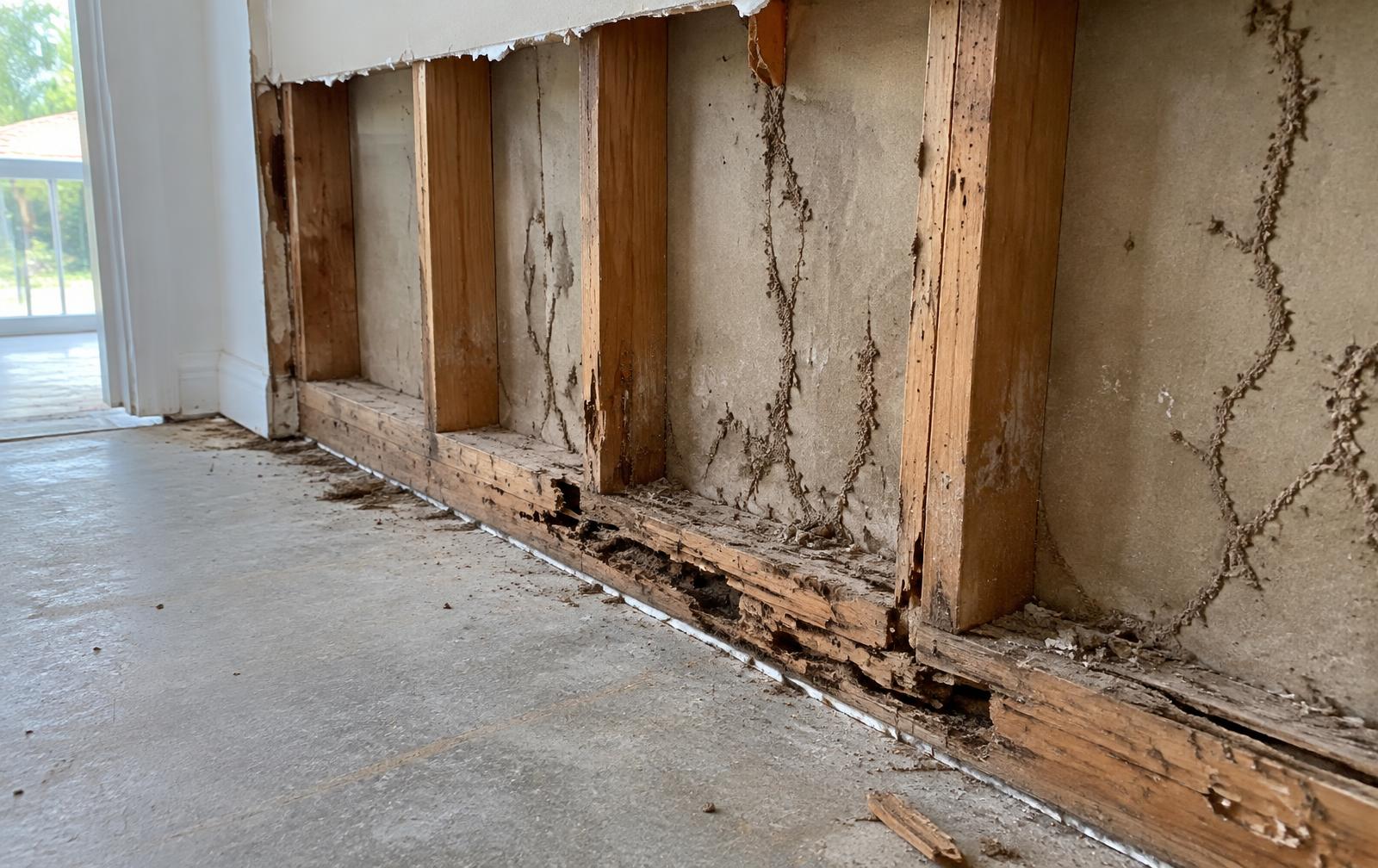 Termite-damaged timber studs and bottom plate exposed after plasterboard removal