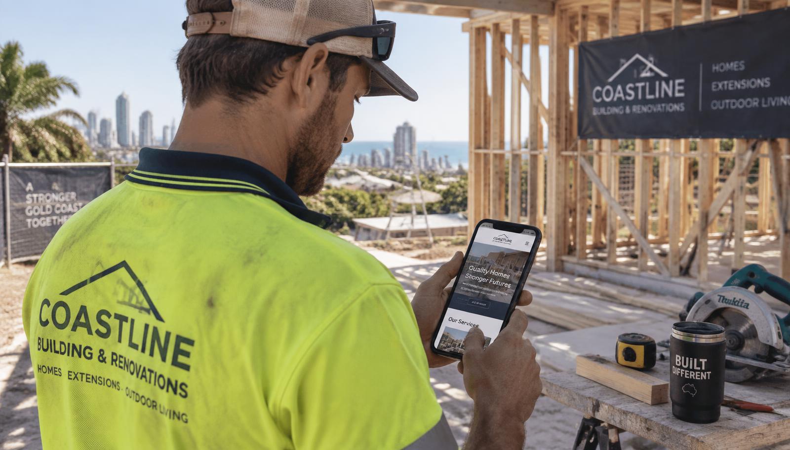 Gold Coast tradesman in high-vis checking his trade business website on site